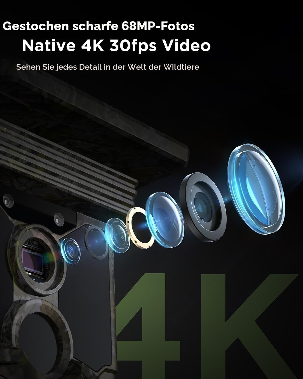 CEYOMUR Solar Wildkamera mit Handyübertragung App, 4K 68MP Wildkamera WLAN | Klare Nachtsicht, 120° Bewegungsmelder, 0,1 s Auslösezeit, 5200mAh Akku für lange Laufzeit, 32GB TF-Karte, IP66 Wasserdicht