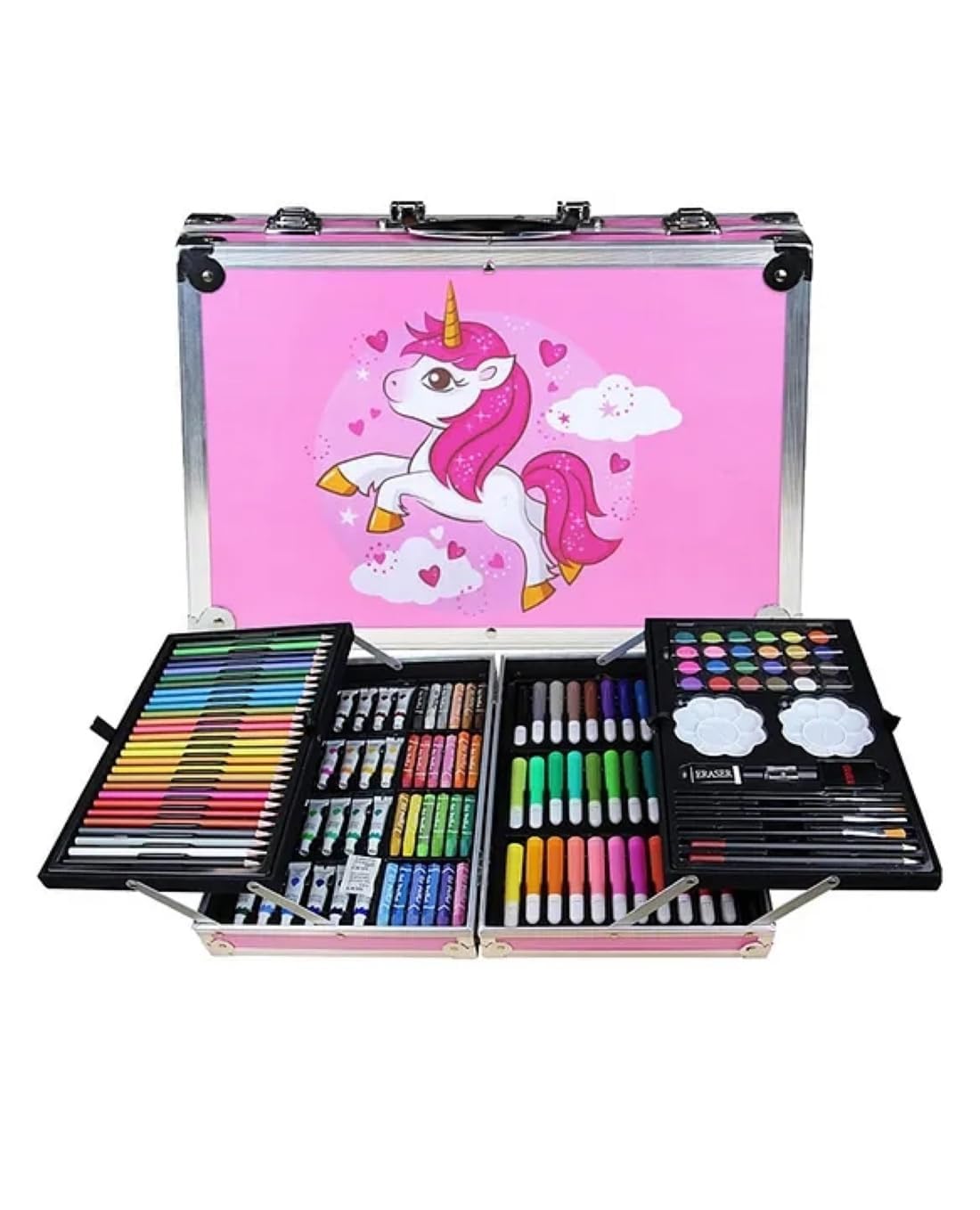 Toy Rush Art Colour Set 145 Pcs Art Kit With Multiple Coloring Kit, Professional Drawing Color Pencils, Water Colors, Sketches And Acrylic Paint Brush For Art Craft aluminum Box (Unicorn-Pink)