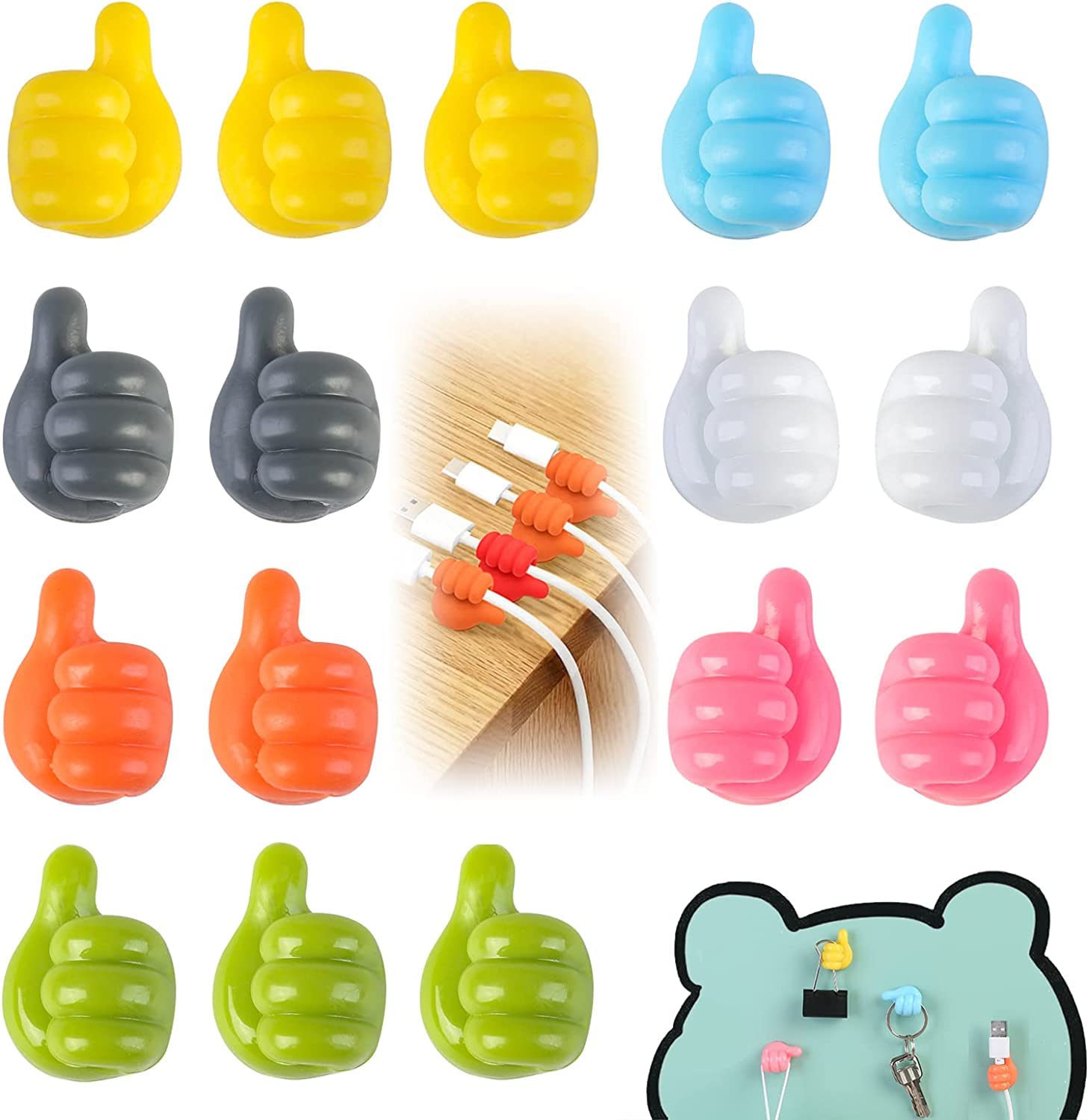 BetterJonny16PCS Silicone Thumb Wall Hook, Creative Multi-Function Self-Adhesive Thumb Cable Clip Key Hook Utility Hooks for Refrigerator Door Bathroom Wall Storage （Style Random）