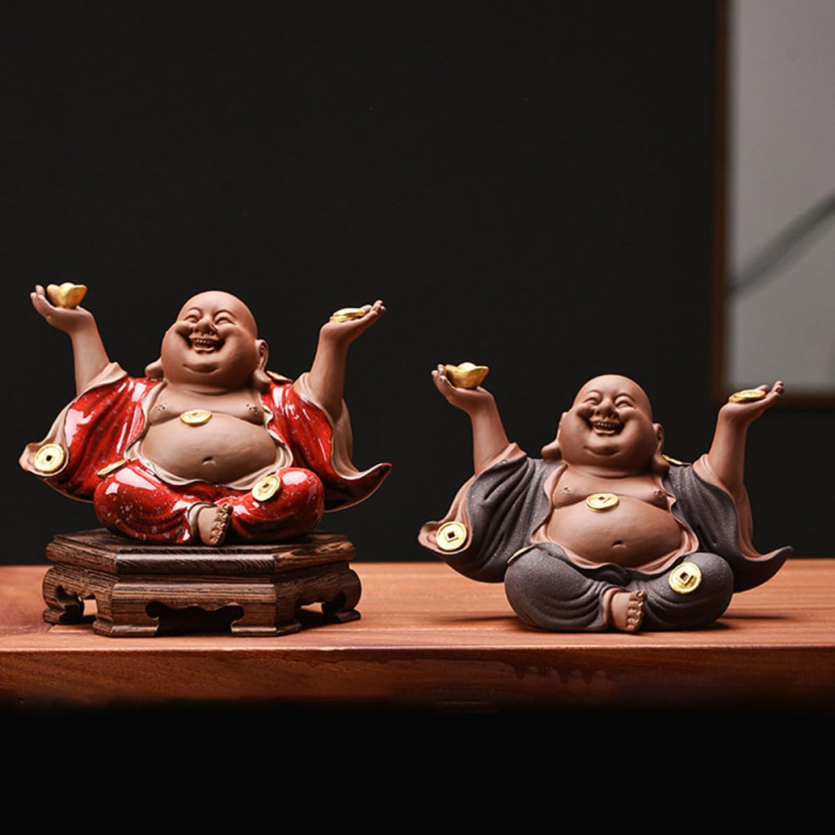 NUOBESTY Escultura Buda Maitreya de Barro Púrpura Creativa Decoración para Hogar y Sala de Té Adorno de Cerámica Resistente Símbolo de Prosperidad y Bienestar