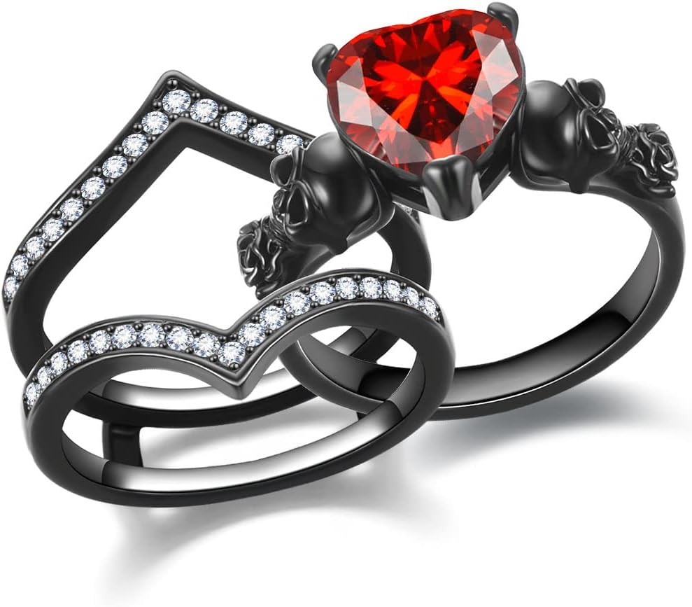Gothic Skull Engagement Ring Sets Promise Eternity Band Rings Cubic Zirconia Wedding Anniversary Promise Rings Bridal Cocktail Party Biker Jewelry