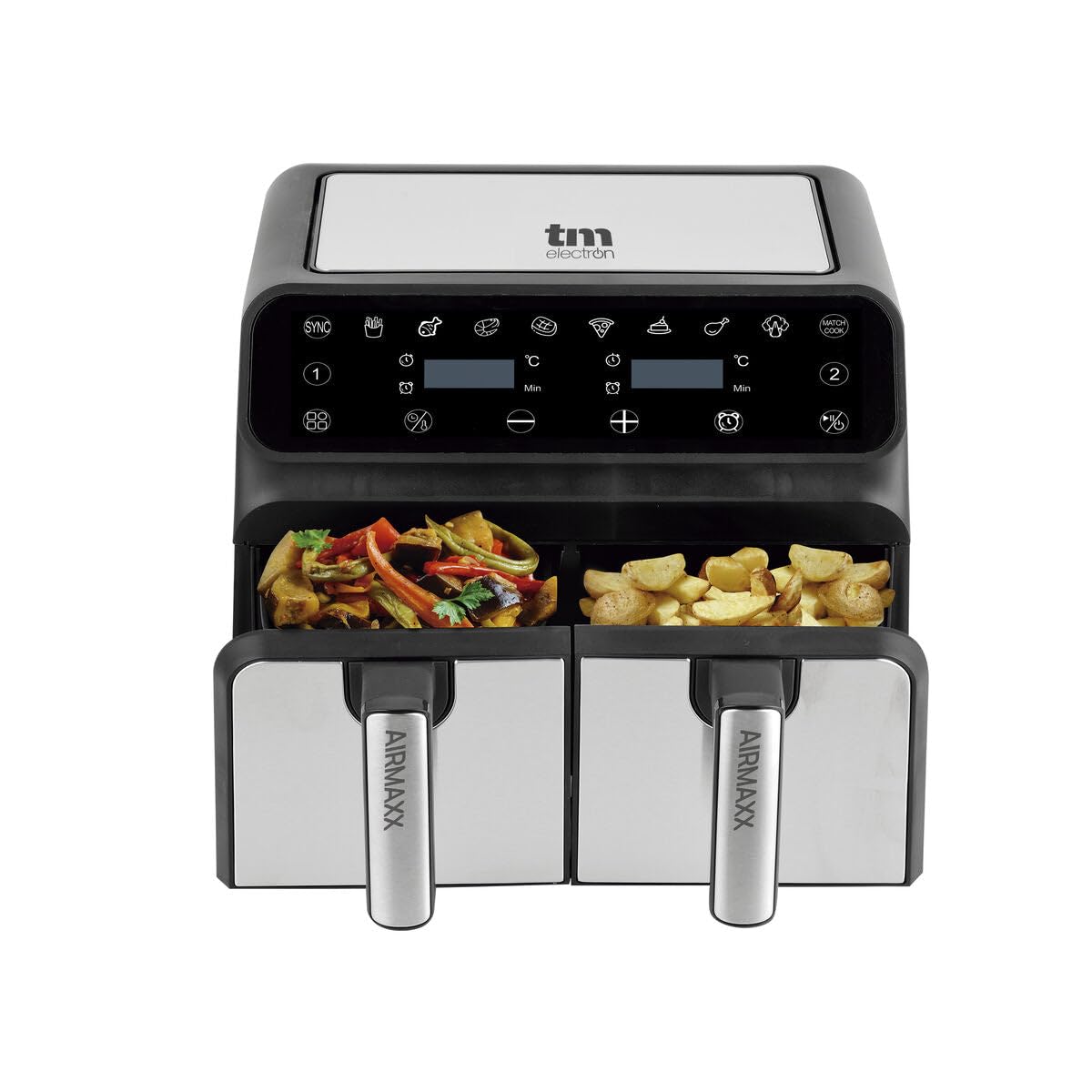 TM Electron TMPFR200 AIRMAXX freidora sin aceite con doble compartimento, capacidad de 8L en total (4L+4L), funciones SYNC y MATCHCOOK, revestimiento antiadherente, 8 programas, pantalla táctil, 1700W