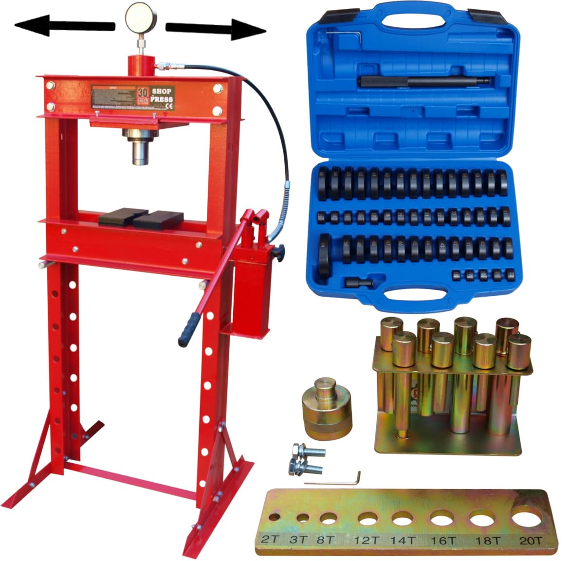 CARMAX Presse hydraulique d’Atelier 30T avec Double Pompe + kit de roulements 52 pièces + Broches 8 pièces