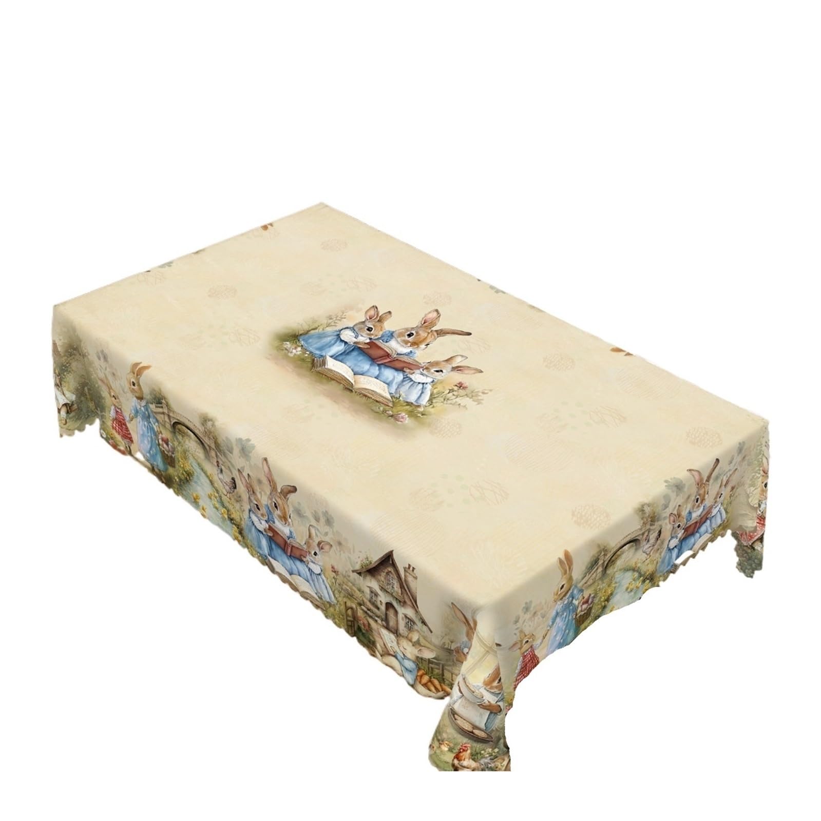 Mantel Redondo De Pascua, 5 Tamaños Disponibles, Proceso Estampado Borde Cuadrado con Flores Huevo Conejito Retro, 1 Ud