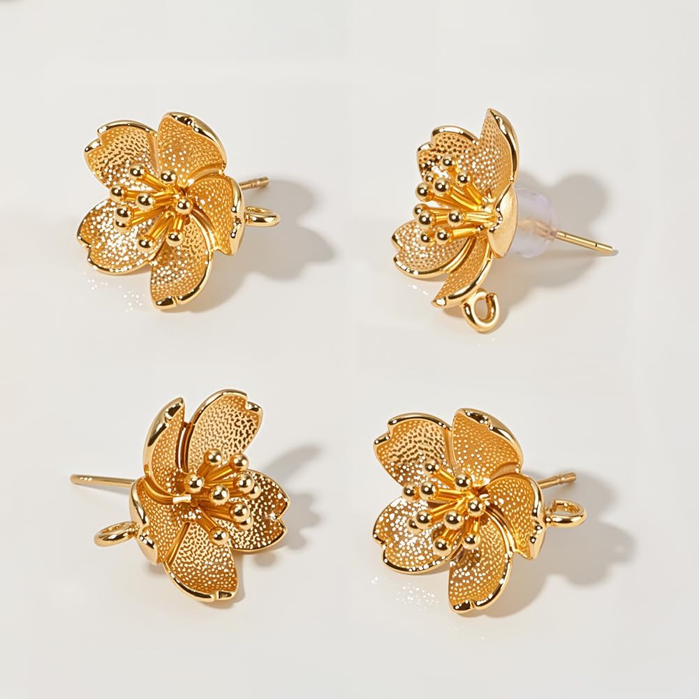 Beebeecraft 1 Box 4 Pair Flower Stud Earring Finding 18K Gold Plated Brass Cute Floral Ear Studs with Loop and 8Pcs Silicone Ear Nuts for Flower Theme DIY Jewelry Making