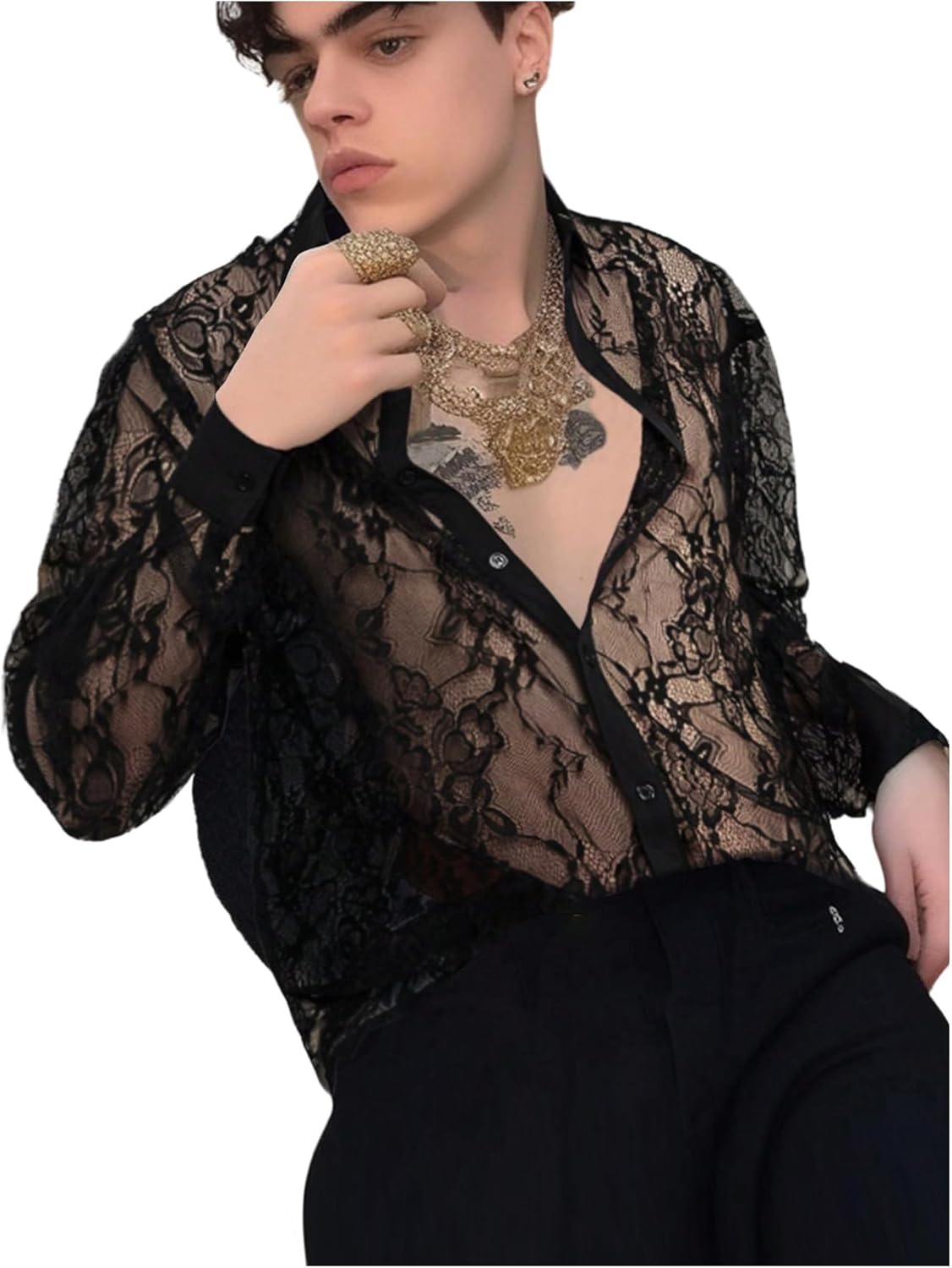 WDIRARA Men's Sexy Lace Button Down Shirts See Through Long Sleeve Collared Tops Party Clubwear