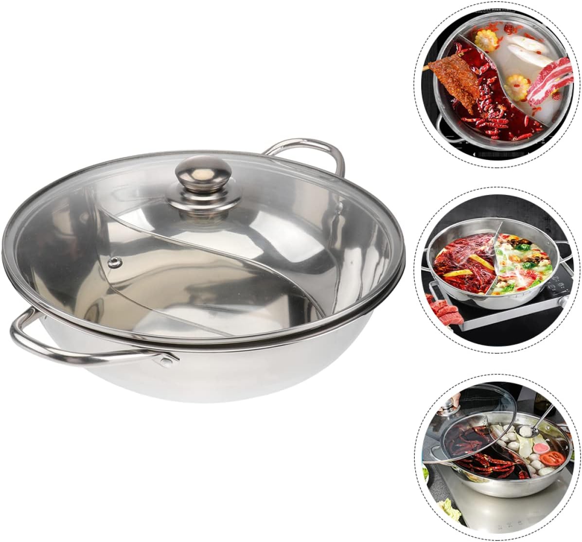 VOSAREA Stainless Steel Divided Hot Pot with Lid Two-Flavor Induction Cooking Pot for Seafood and Spicy Broth Commercial Use for Electric and Gas Stoves