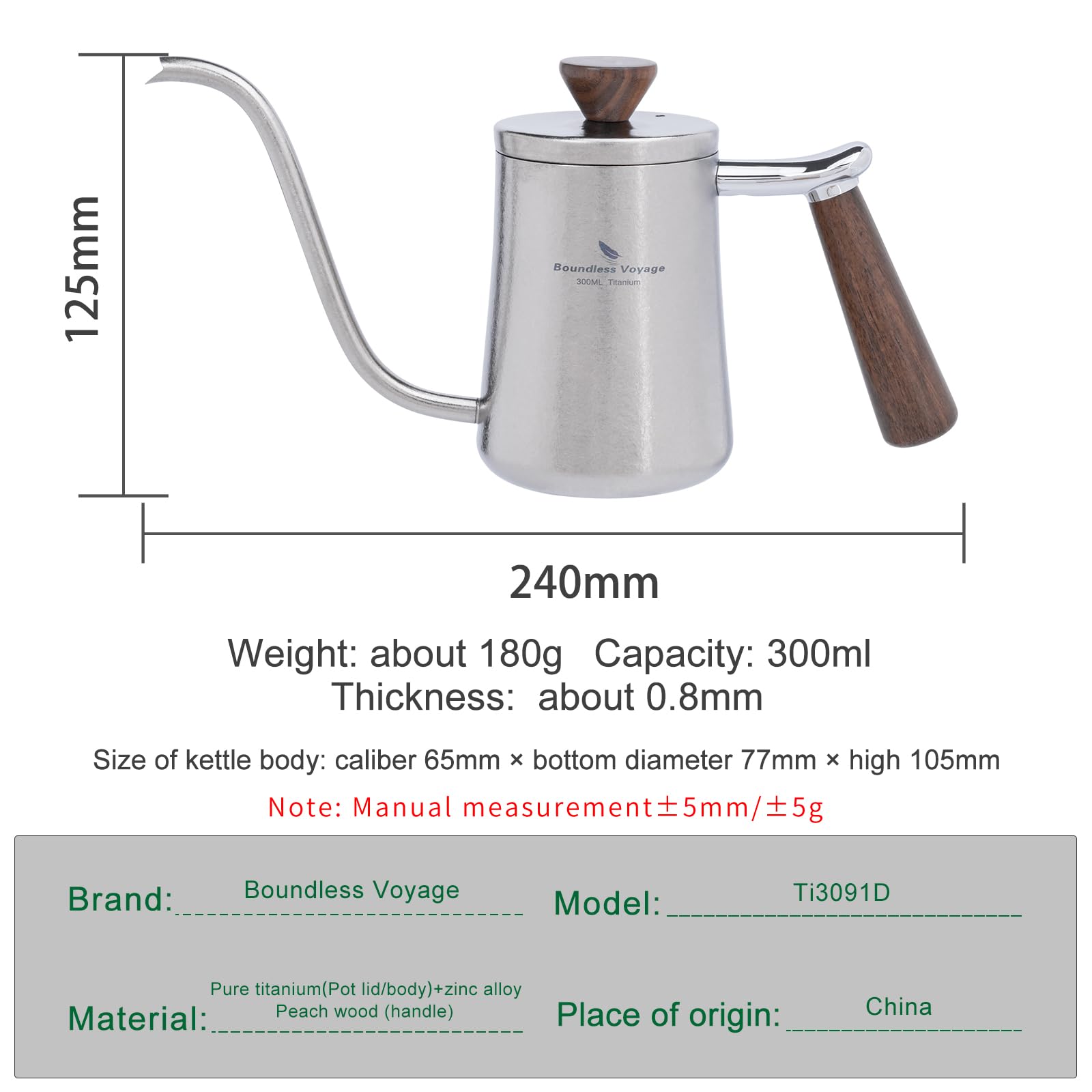 iBasingo 300ml Titanium Gooseneck Kettle for Stove Top Burners Ultralight Pour Over Coffee Maker Drip Filter Kettle Swan Neck Coffeepot with Wood Handle Ti3091D