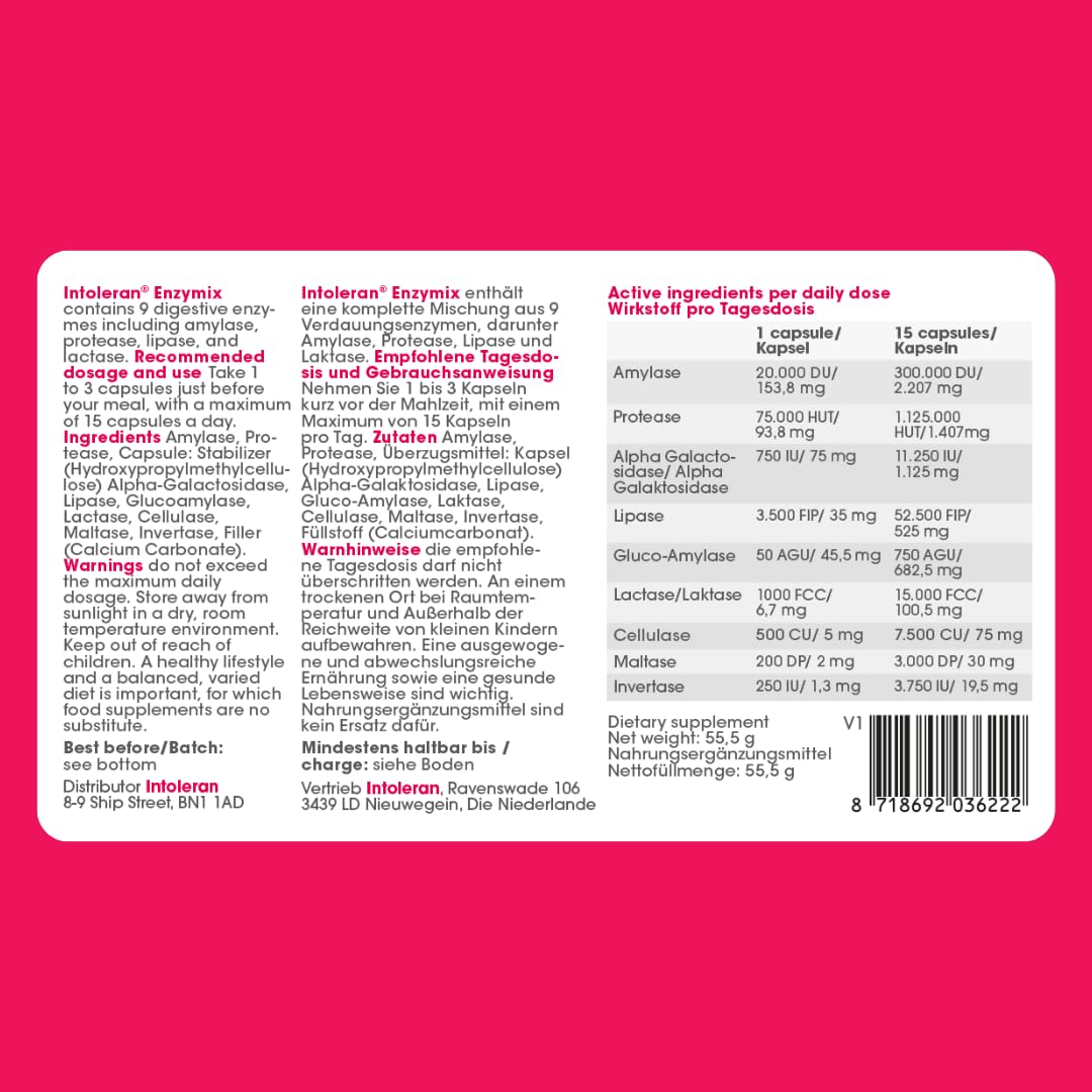 Intoleran Enzymix Verdauungsenzyme – 108 Kapseln | Vollspektrum-Verdauungsenzyme, Spaltet Proteine, Fette, Kohlenhydrate (einschließlich FODMAPs) und Laktose auf