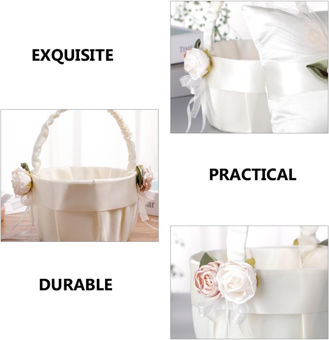 Wedding Flower Girl Basket Set with Satin Bowknot and Lace, Blue Ring Pillow and Handheld Flower Basket for Wedding Party Ceremony Supplies
