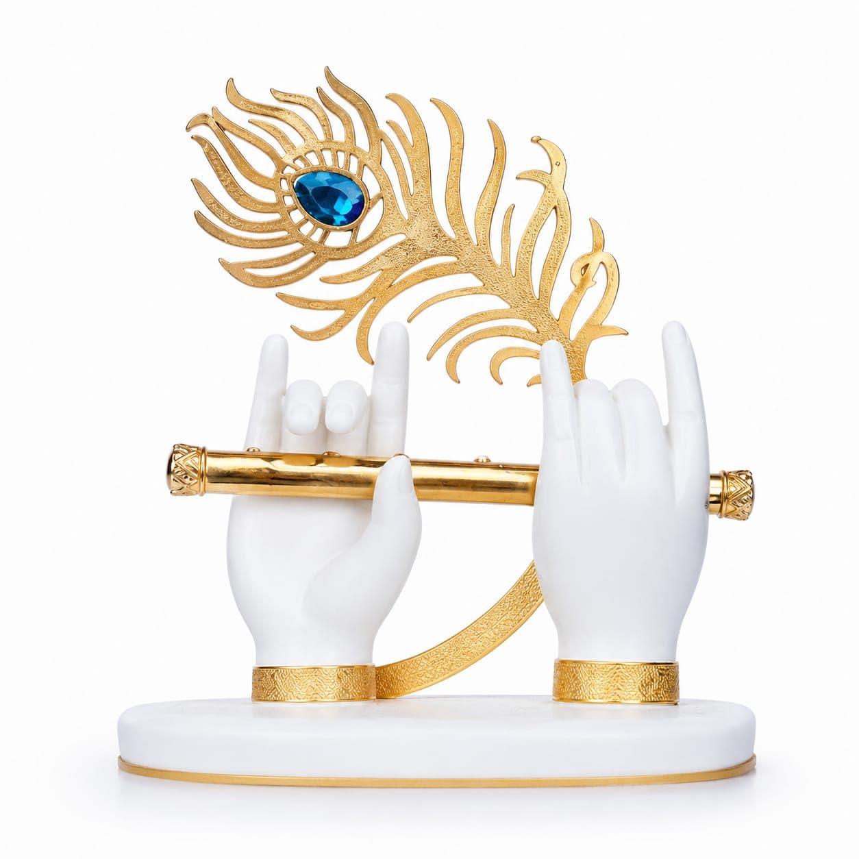 Lord Krishna Hands with Flute & Peacock Feather Idol | Gold Plated Finish, Home Temple Decor, Spiritual Figurine, Blue Crystal Accent, Festive & Gifting Use-image-45