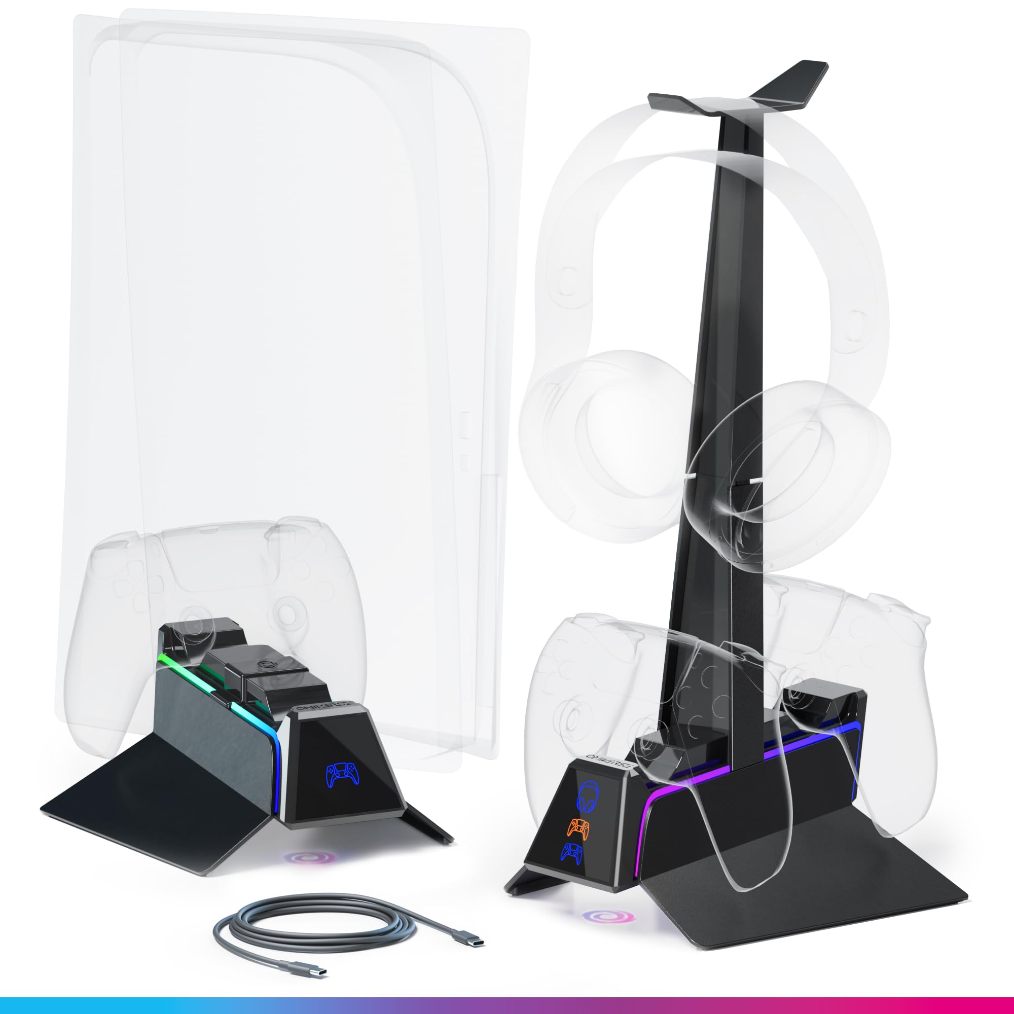 Cargador de Mando PS5 (estación de Carga rápida 2H, Soporte para Mando y Accesorio PS5, Doble Cargador Compatible con DualSense, Soporte extraíble de Carga para Auriculares Incluido