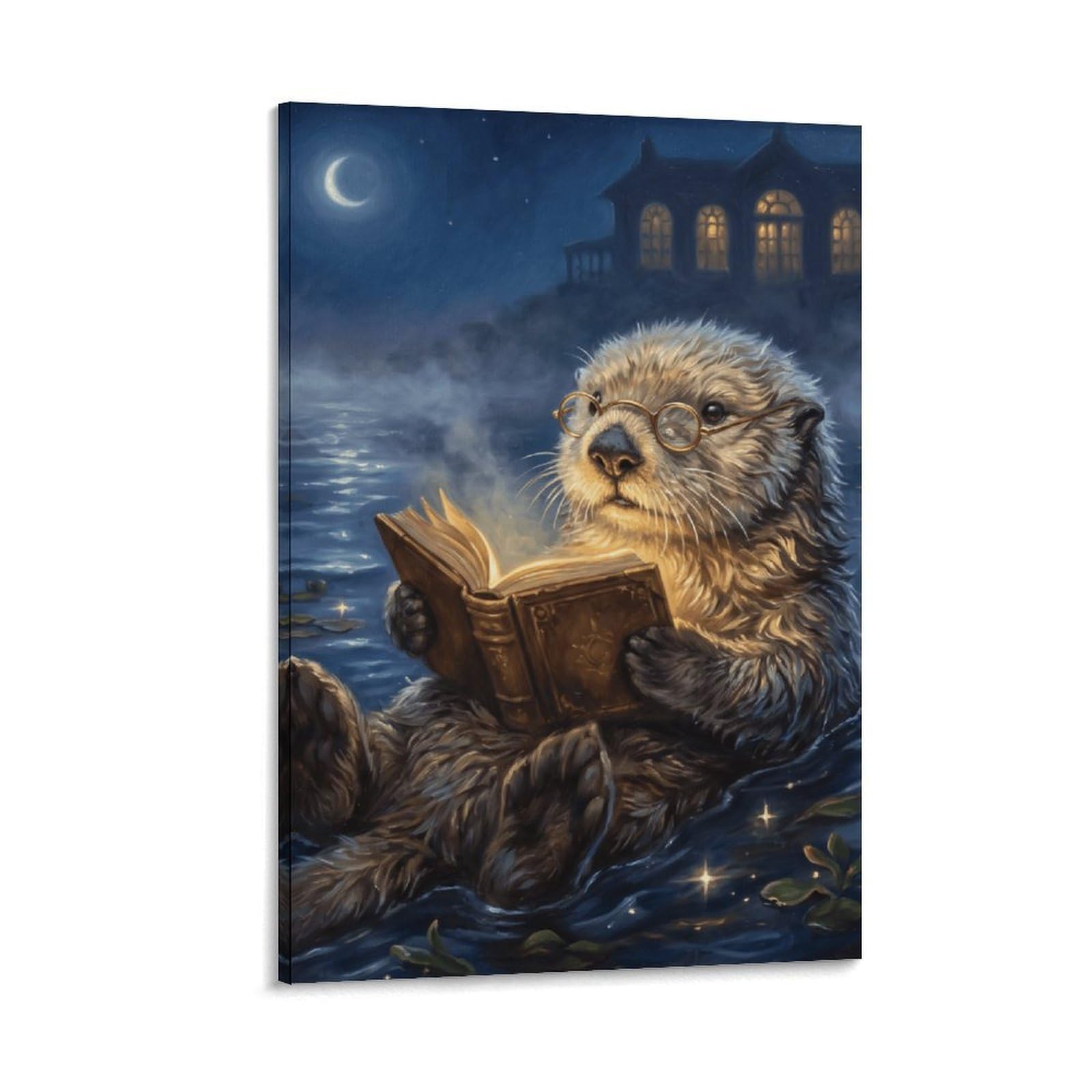 W7C8U2X3 Moonlit Reading Otter Canvas Wall Art, Cozy Reading Wall Art