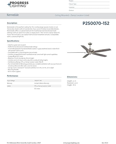 Miniatura 10 de Progress Lighting P250070-152 Kennedale Ventiladores de techo, gris