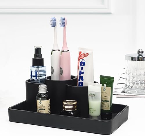 Miniatura 4 de Bandeja de resina para cepillo de dientes para encimera de baño, bandeja de almacenamiento multifuncional 2 en 1 de diseño integrado con 3 soportes