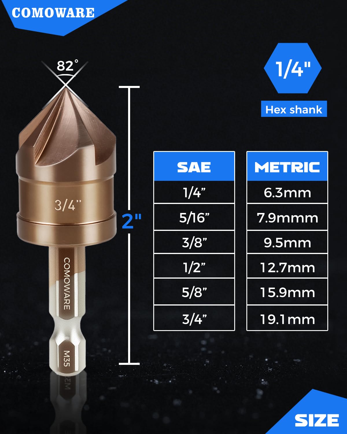 COMOWARE Countersink Drill Bit Set, M35 HSS Chamfer Tool 6 Pcs, 1/4 Inch Hex Shank Chamfer bit, Countersink Drill bit for Wood Metal Stainless Steel Carbon Steel