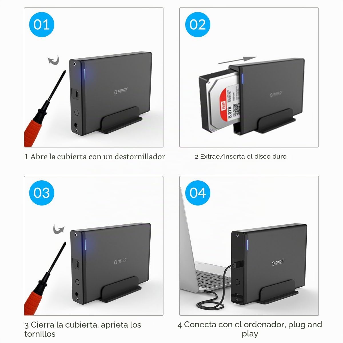 ORICO Carcasa Externa para Disco Duro 3,5 pulgadas, Adaptador USB 3.1 Gen 1 a SATA 3.0,Compatible con HDD SATA hasta 20 TB,Fuente de Alimentación 12V/2A Incluida,Indicador LED Azul-Aluminio+ABS(7688C3