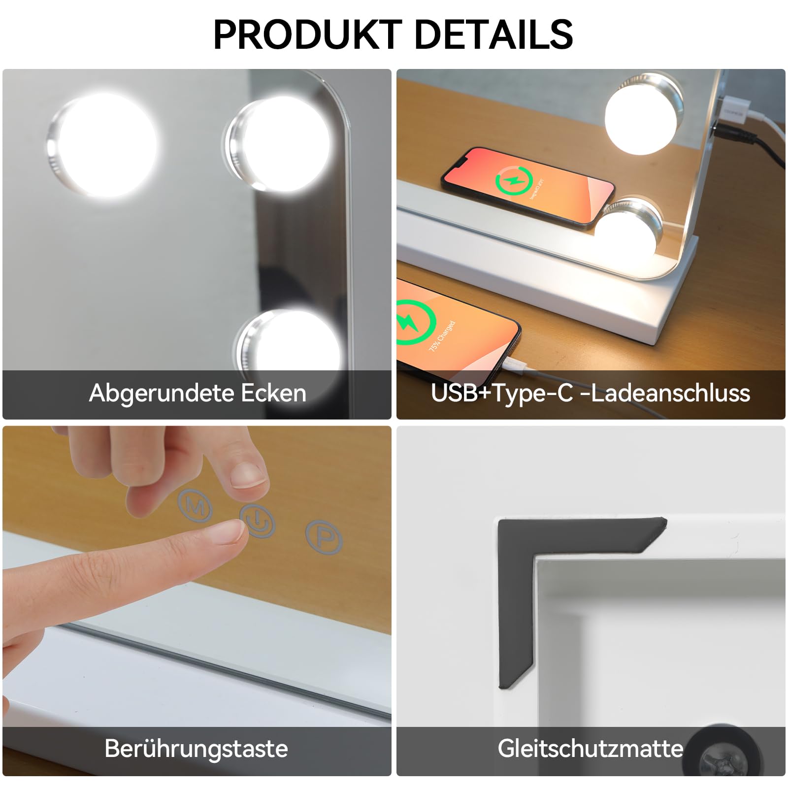 YU YUSING Hollywood Schminkspiegel mit Beleuchtung, 80x60cm 18 LED-Licht Kosmetikspiegel 3 Modi, Vanity Spiegel Tischspiegel Wandspiegel mit USB 10X Vergrößerung für Schlafzimmer Schminktisch, Weiß