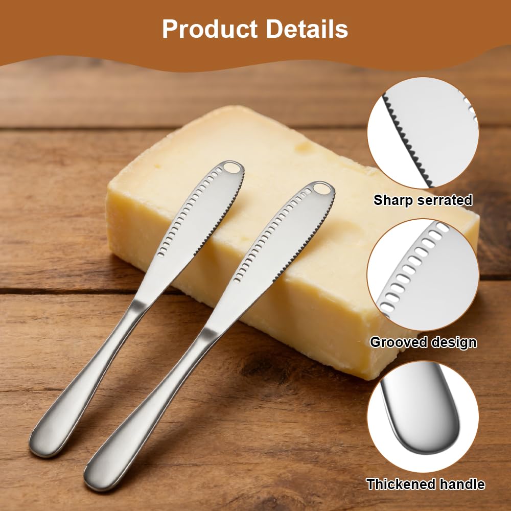 2 Piezas Cuchillo de Mantequilla de Acero Inoxidable, 20,5 cm Esparcidor de Mantequilla, con Borde Dentado y Estructura Ranurada, para Mermelada, Nata, Tarta, Queso, Frutas, Verduras (Plata)