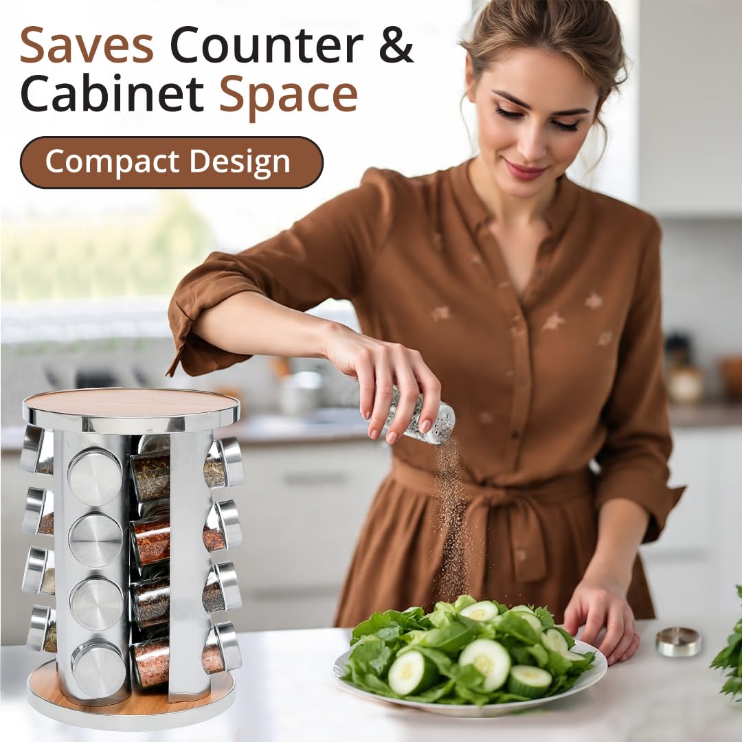 Rotating Spice Rack with 16 Glass Jars Stainless Steel & Wood Carousel Organizer for Kitchen Counter, Pantry, Herbs & Seasonings - Image 2