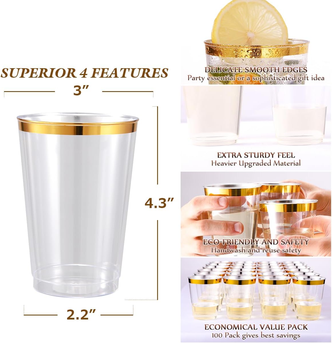 JOLLY CHEF 100 Pack 12 oz Gold Plastic Cups, Clear Plastic Cups Tumblers, Elegant Gold Rimmed Plastic Cups, Disposable Cups with Gold Rim Perfect for Wedding, Thanksgiving Day, Christmas