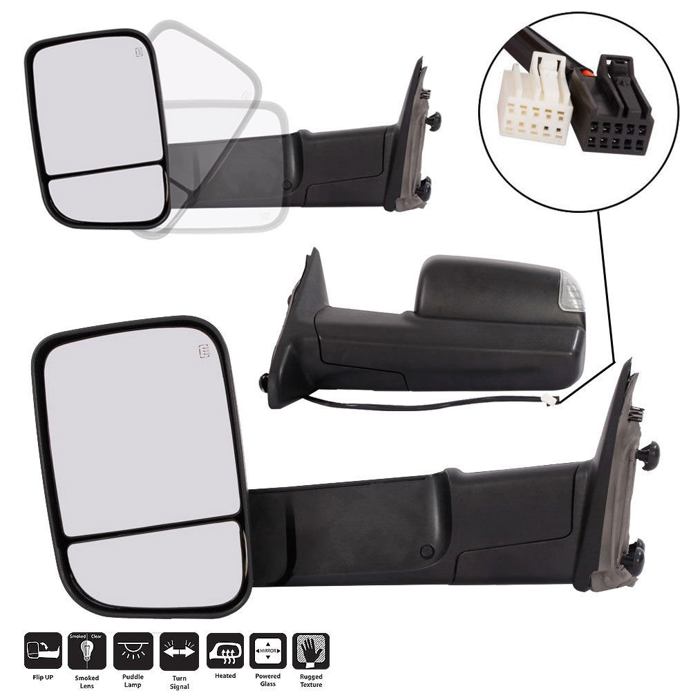 MOTOOS Towing Mirrors Replacement for 2009-2012 Dodge Ram 1500 2500 3500 Pickup Rear View Mirrors Pair Set Power Heated Flip-Up LED Puddle with Turn Signal Lights Side Mirrors