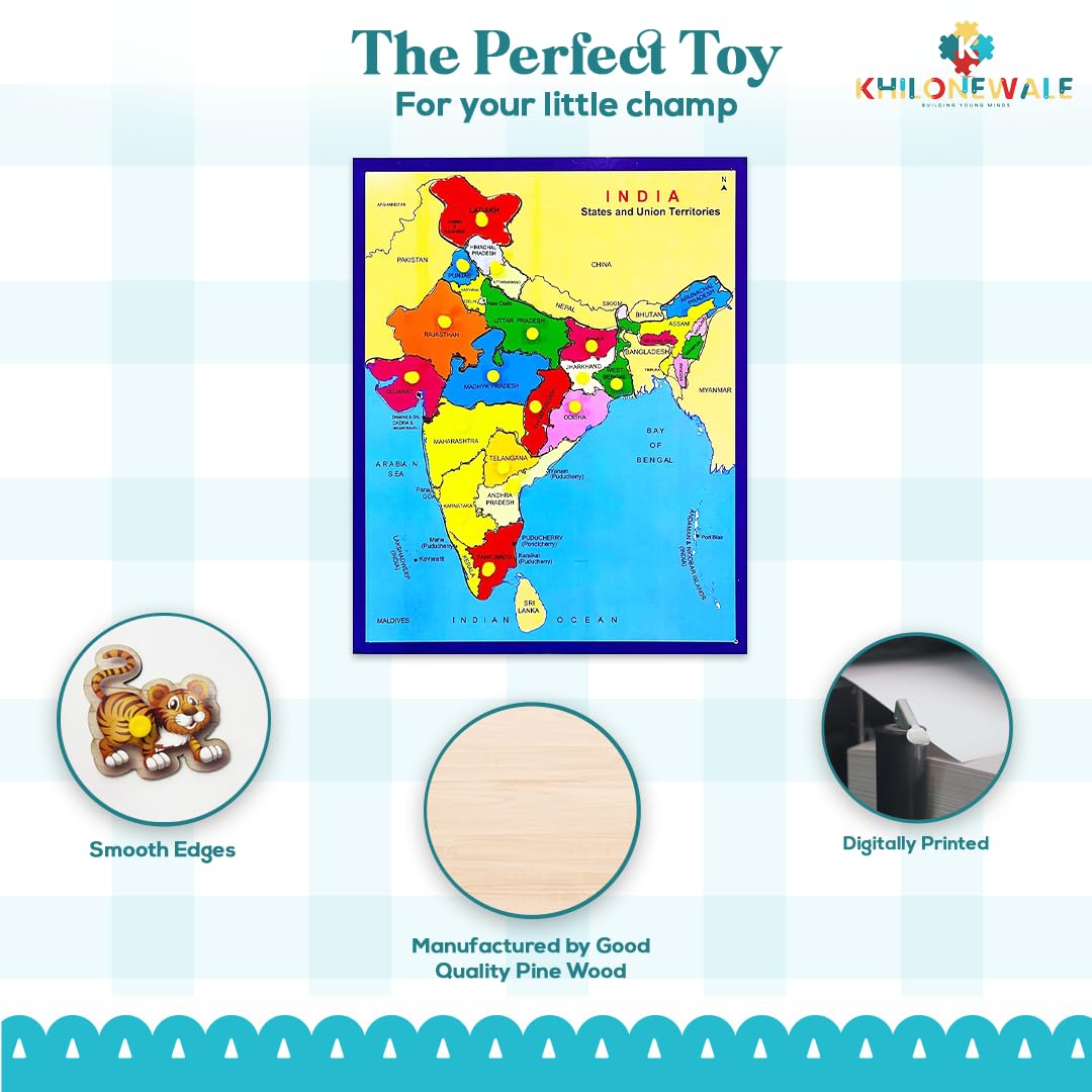 Khilonewale Kid's India Map Puzzle with Knobs | Educational Learning Toys for Boys and Girls | Interactive Kids Puzzle Toy | Size 30x38 cm (India Map) 2