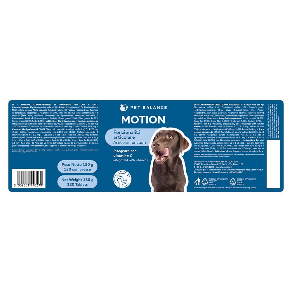 Pet Balance by Tecnozoo - Motion - Mangime Complementare per la Funzionalità Articolare - con Glucosamina solfato e Condroitin solfato (20%), Vit. E e C Fonte di MSM e DHA, 180 g 120 Compresse