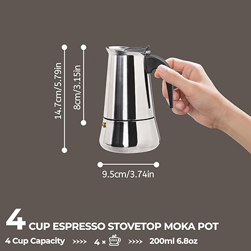 Miniatura 2 de 4 tazas de 6.8 fl oz Moka Pot de acero inoxidable, cafetera para estufa, cafetera percoladora italiana, estilo clásico, Greca, Cafetera, máquina de