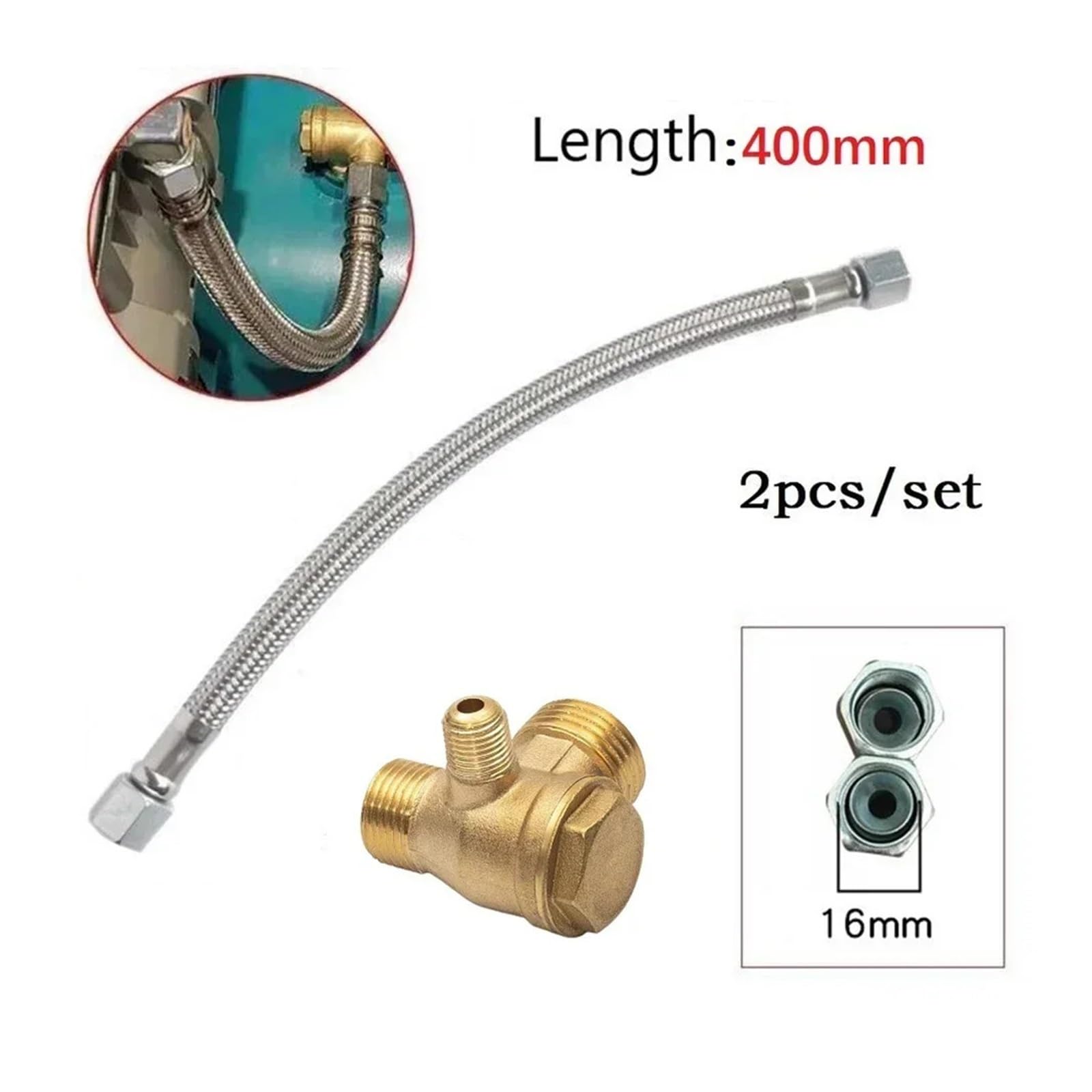 Zawór zwrotny sprężarki 3-drogowy z rurą wydechową ze stali nierdzewnej — gwinty zewnętrzne 20 mm, 16 mm, 10 mm, długość 400 mm — 1 szt.