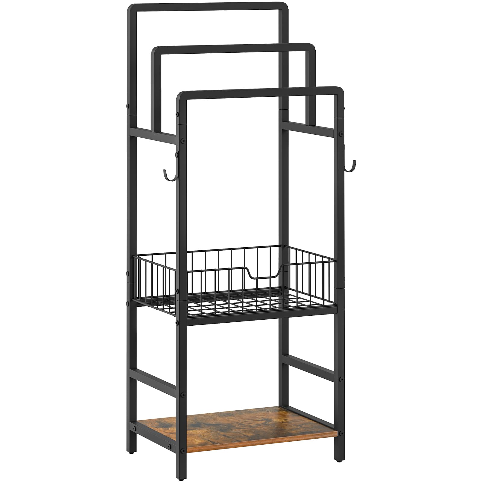 HOOBRO Porte-Serviettes sur Pied avec 3 Barres Métalliques, Panier de Rangement et Étagère, Porte-Couverture avec 1 Crochet, pour Salle de Bain, Buanderie, Marron Rustique et Noir EBF13LB01
