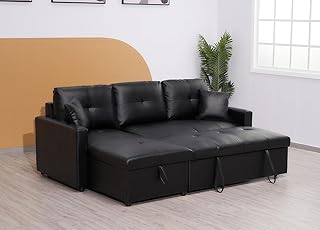 Black Corner Sofa Bed With Storage - L Shaped 3 Seater Pull Out For Living Room Furniture - Luxury Convertible Click Clack 3003B (Left Hand Side)