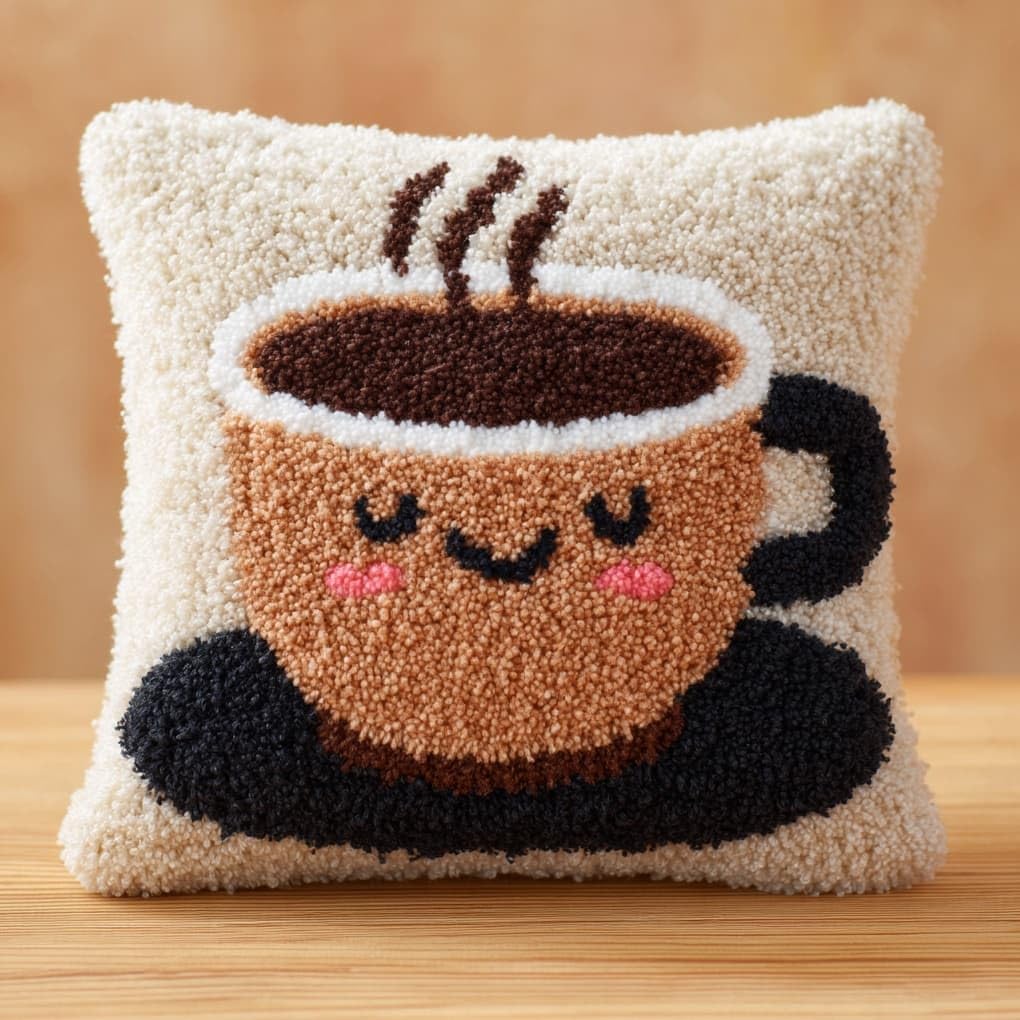 WallustrioaW Latch Hook Kit 43x43cm,Cartoon Smiley face Coffee Cup