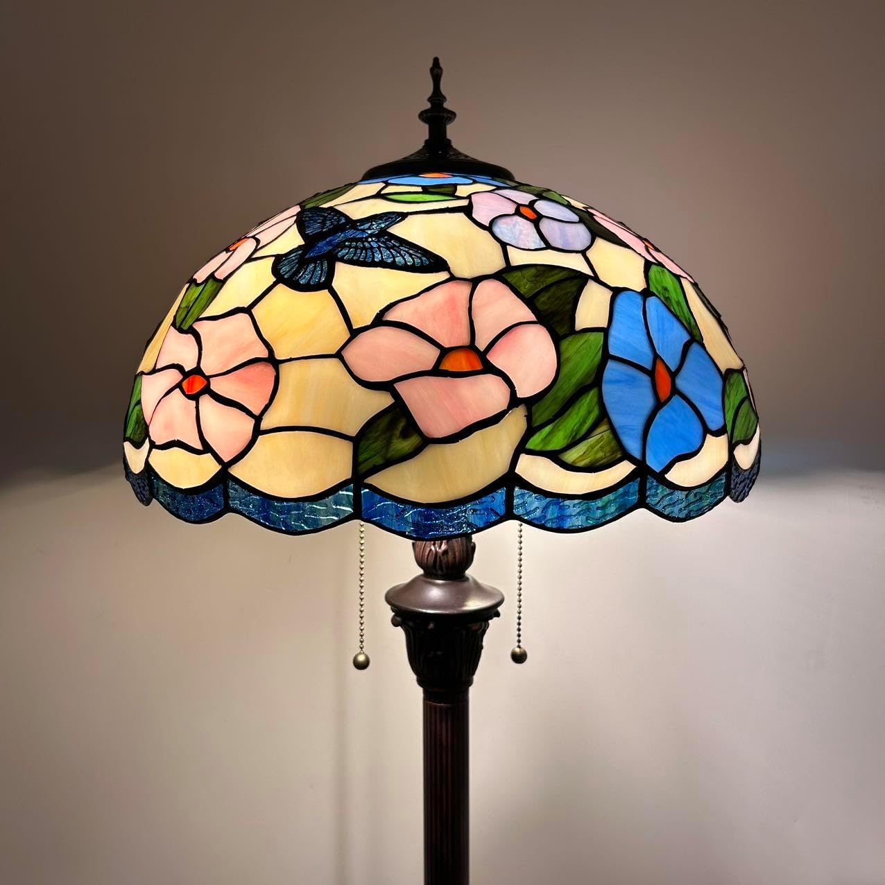 Stained Glass Floor Lamp Pink Blue Hummingbird Flowers Metal Base LED Bulbs Included for Living Room Bedroom 16" W*16" D*64" H