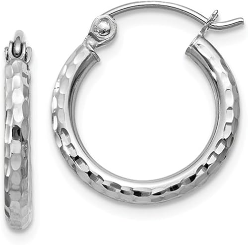 14 K oro blanco diamond-cut pendientes de aro, (2 mm Tubo)