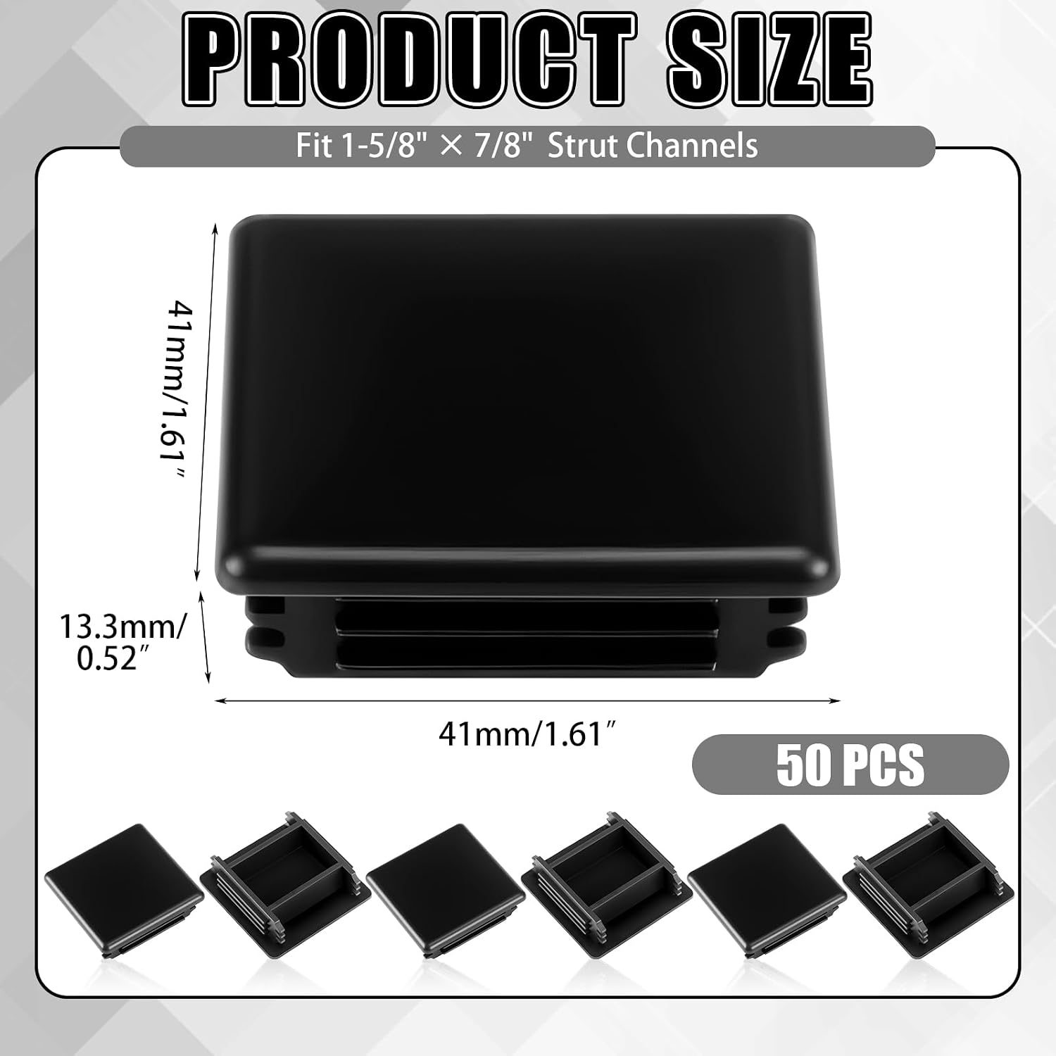 MorningRo 50 Pcs 1-5/8" Black Square Plastic Strut Channel End Caps PVC Strut Channel Safety End Caps Rectangle Plug Frame Protectors