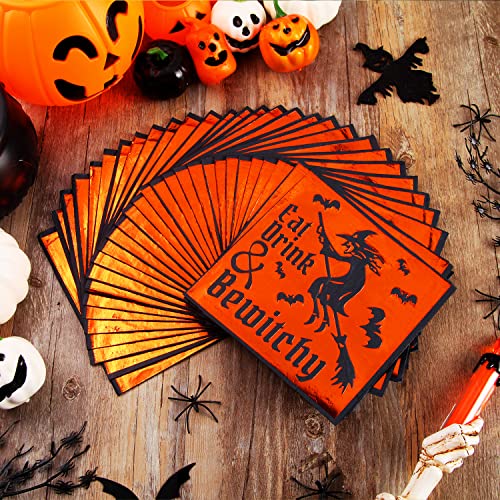 Quera 90 Pack Halloween Disposable Paper Napkins Orange Gold Foil Black Party Supplies Pumpkin Witch Black Cat Cocktail Napkins Perfect For Halloween Dinner Party Decoration 6.5'' X 6.5'' #TOP1