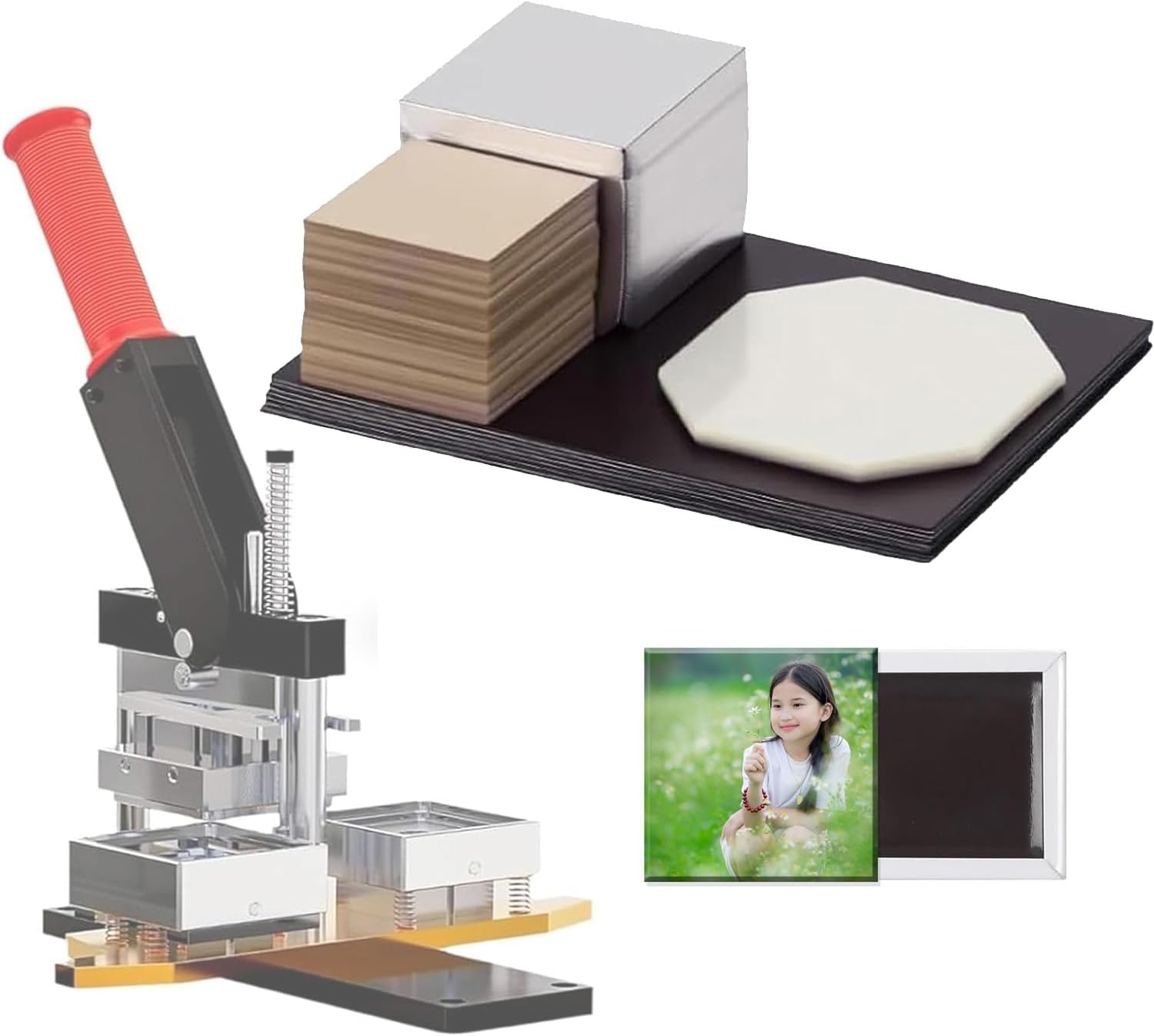 2.5in Cardboard Photo Magnet Maker Machine Consumables, 1000pcs 6.35 * 6.35cm DIY HD Refrigerator Magnet Kit with Transparent Film+Metal Shell+Magnet+Cardboard Used for Making Refrigerator Stickers