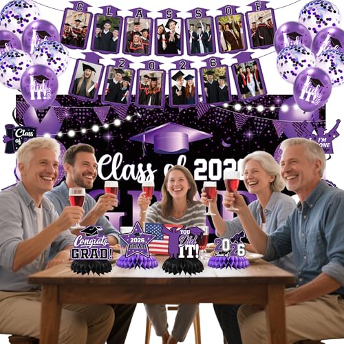 Image of Holkcog 2026 Graduation Decorations, Purple Themed Class of 2026 Congrats Graduation Backdrop, Balloons, Honeycomb ornament for Graduation Party Decorations, Outdoor Indoor Grad Party Decor Supply