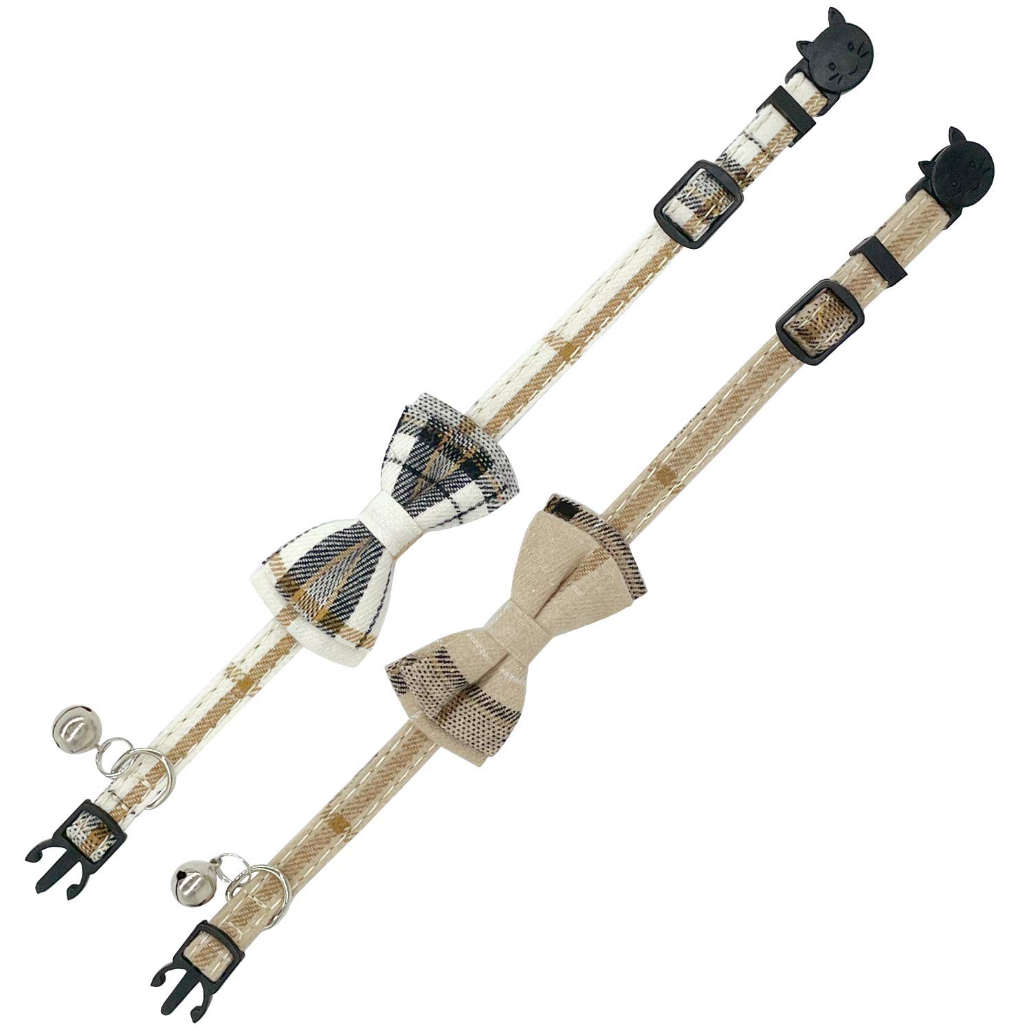 Katzenhalsband-Set, Katzenhalsband, mit niedlicher Fliege und Glöckchen, verstellbar von 19 - 27 cm, weich und bequem für Kätzchen und einige Welpen (beige + braun)