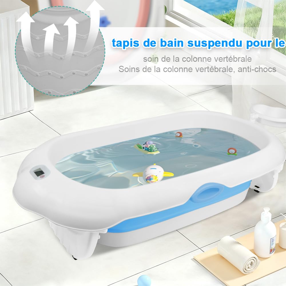 Homewell - Bañera de bebé plegable con cojín de baño para bebé y termómetro digital, bañera para el hogar y los viajes, fácil de limpiar (azul)