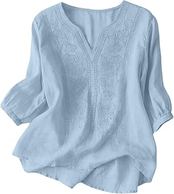 Yinguo Ladies Tops Women's Summer Cotton Linen Shirts - Boho Short Sleeve T-Shirt V Neck Tunic Fashion Baggy Solid Plain Casual Shirts Trendy Blouse for Daily Holiday Hikking