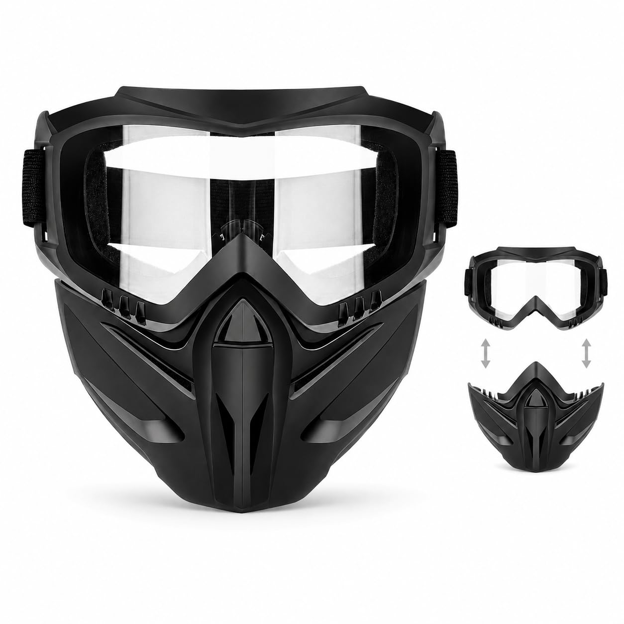 Detachable Full Face Goggle Mask, Welding & Riding 2-in-1 Paintball Mask with Clear PC Lens, Anti-Fog Protective Goggles Mask with Adjustable Strap for Riding, Skiing and Outdoor Sports (Transparent)