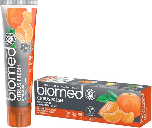 Biomed Citrus Fresh 97% Natural Toothpaste | Orange, Fresh Breath, Healthy Gums | Mandarin Grapefruit Lemon Essential Oils, Fruit Flavour, Vegetarian, SLES Free 100g