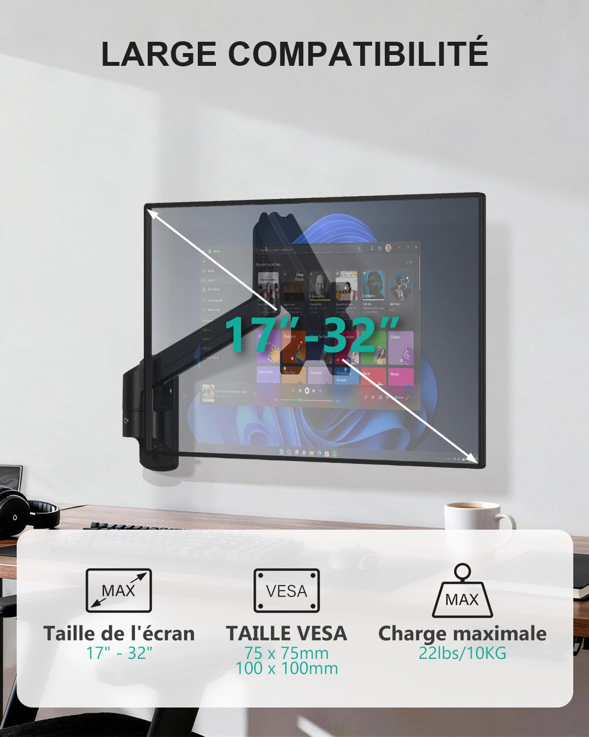 WALI Support Mural Ecran PC pour Écrans LED/LCD/TV 17-32 Pouces,Réglable Pivotant Inclinable,Charge 10 kg, Extension 49 cm,VESA 75/100 mm (GSWM001),Noir