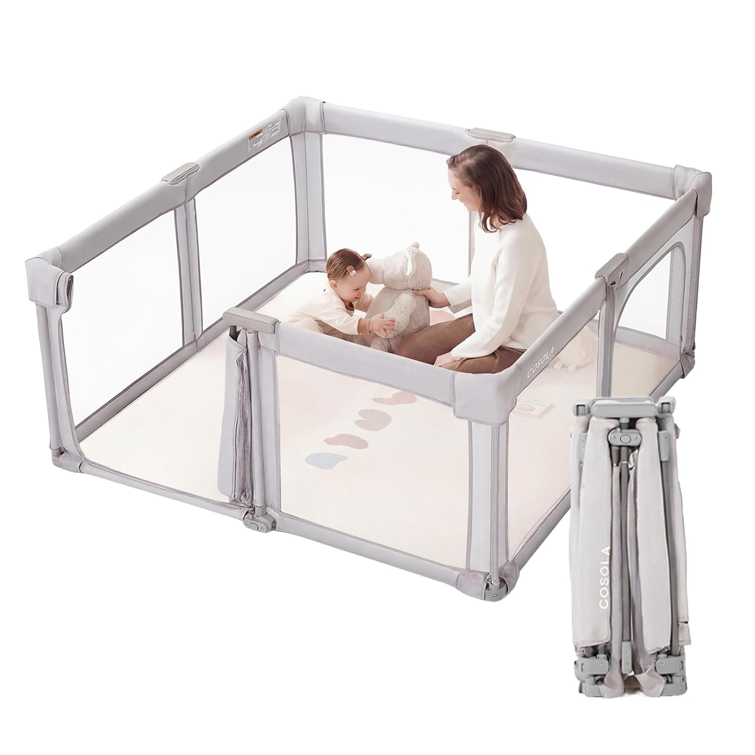 Baby Playpen Portable, Pre-Assembled Play Pen 59x59 Large Foldable Playpen for Babies and Toddlers, Sturdy and Safe Toddler Play Yard Indoor Outdoor with Carry Bag,Light Grey