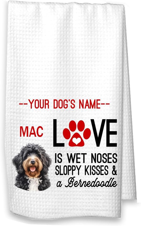 Studio 9Thirty3 Personalized Bernedoodle Kitchen Towel – “Love is Wet Noses” Funny Waffle Weave Dish Towel with Dog’s Name, Custom Dog Lover Gift (Bernedoodle Personalized)