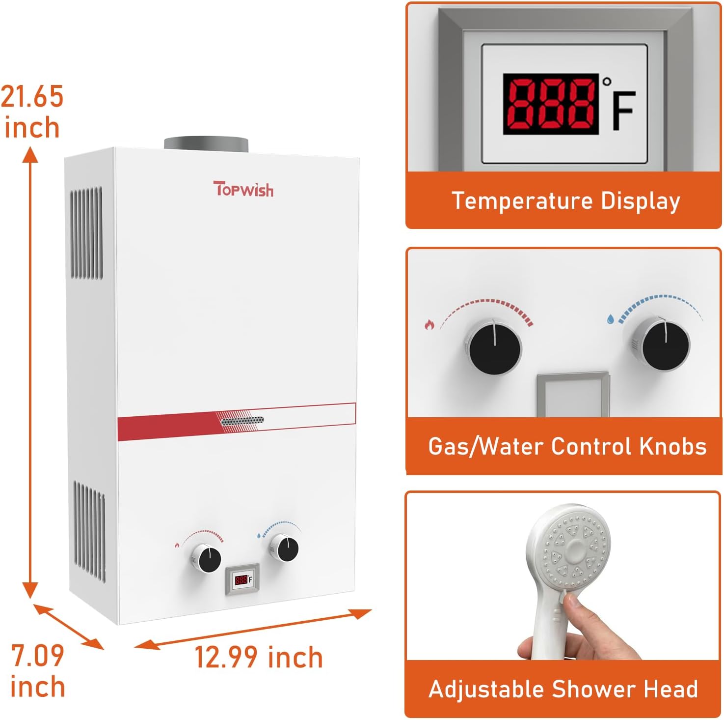 TOPWISH Portable Propane Water Heater Tankless, 10L 2.64GPM Instant Gas Hot Water Heater 68,100 BTU with Digital Display Overheating Protection for Outdoor Camping RV Cabin Shower