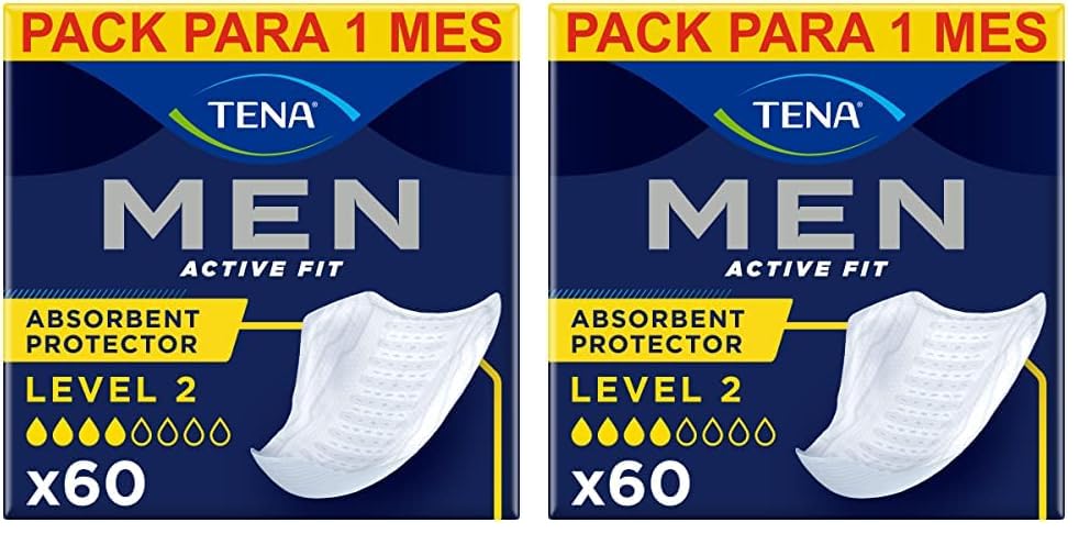 TENA Men Level 2 x60 - Compresa Protectora y Absorbente para Hombre - Para Incontinencia Moderada - Con Zona de Absorción Mejorada - Máxima Discreción - Paquete Mensual (6x10) (Paquete de 2)