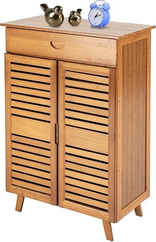 Miniatura 6 de Zapatero de bambú natural con 1 cajón, zapatero de 2 puertas para tacones, botas, zapatillas, zapatero independiente, pasillo de entrada, armario de